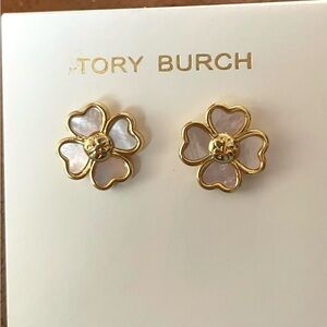 Tory Burch Gold-Tone Floral Stud Earrings with White Inlay New